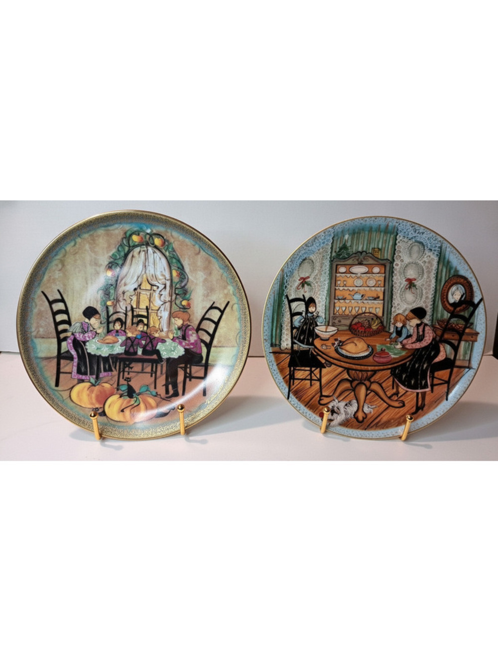 Vintage 80's Set-2 Collector Plates P. Buckley Moss Thanksgiving/Helping Hands